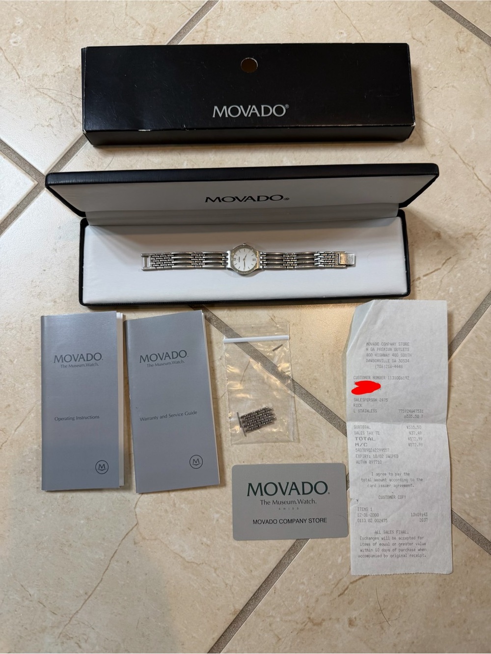 MOVADO Esprenza Stainless Steel White Dial Unisex Watch 84-19-861 W ORIG RECEIPT